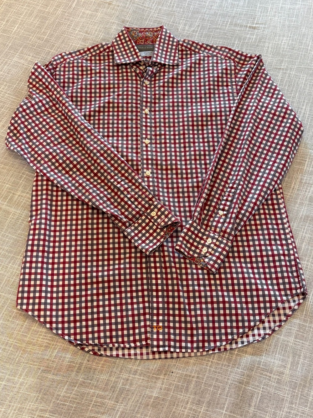 Thomas Dean Shirt Mens Large Red Gingham Check Button Front Long Sleeve - Picture 6 of 10
